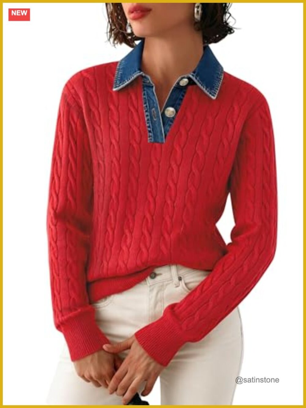 Women's Cable Knit V-Neck Button Pullover Sweater Long Sleeve Loose Fit Casual